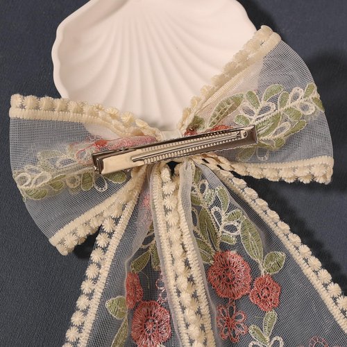 LFOUVRE Beige Lace Hair Bows with Embroidered Flowers - Bowknots, Barrettes, and Hair Clips with Long Tails for Women (3pcs)