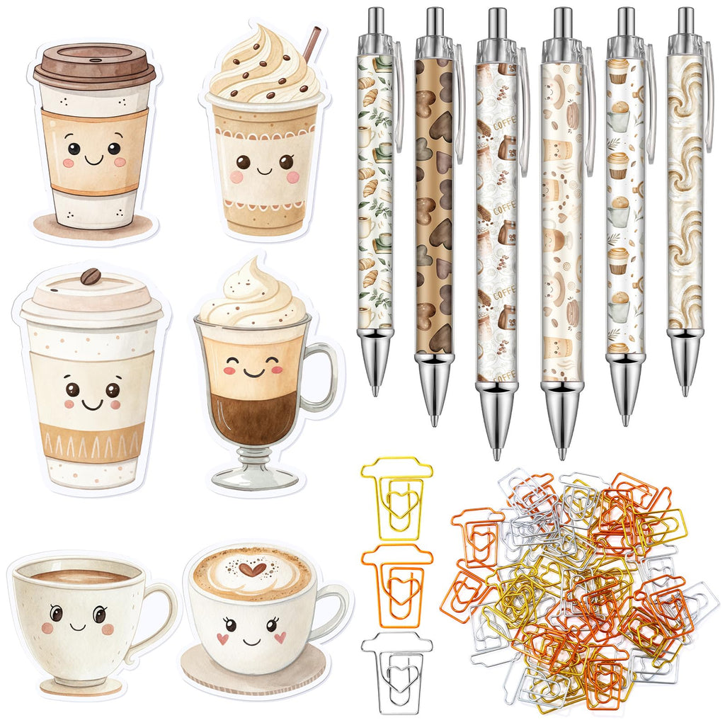 Gilprop 54 Pcs Coffee Theme Gifts 6 Pads Sticky Notes Memo Note 12 Cute Ballpoint Pens 36 Coffee Cup Shaped Paper Clips Bookmarks for Office Supplies Party Favor Coworker Employee Staff Team Gifts
