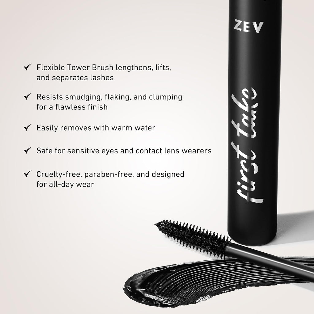 Zev First Take Mascara - Volumizing & Lengthening Formula for False Lash Effect | Buildable, Cruelty-Free, Black
