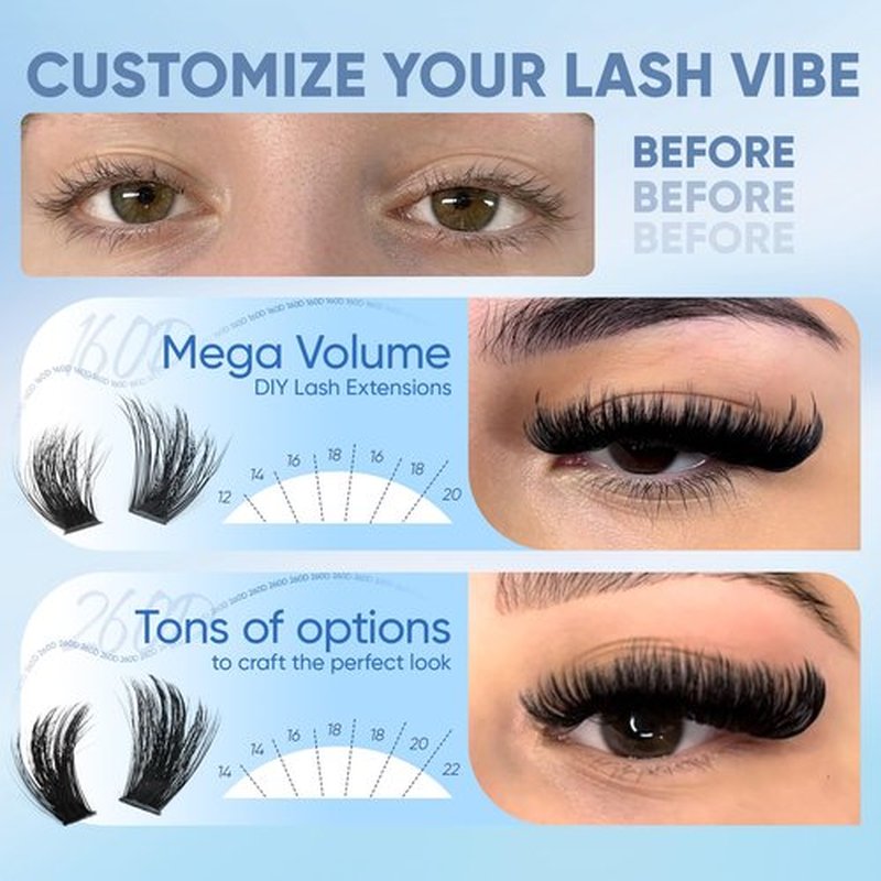 CORUSCATE Lash Clusters 160D+260D Eyelash Clusters 12-24mm Long Lash Extension Thick Cluster Eyelash Extensions Volume Strip Mink Lashes Cluster Dramatic Full Salon Look Mega Eyelashes