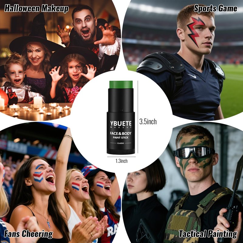 YBUETE Green Oil Based Face Body Paint Stick, Non-toxic Full coverage Face Painting for Halloween Cosplay Makeup Hulk Witch Monster Joker, Waterproof Cream Green Body Paint for Adults Costumes Party