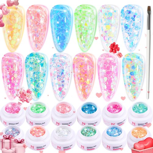 noirwhite Glitter Gel Nail Polish Set -12 Colors Sparkle Sequins Gel Polish Resplendent Colorful Trendy Translucent Glitter Solid Nail Polish Kit Soak Off UV LED for Home DIY Salon with Brush