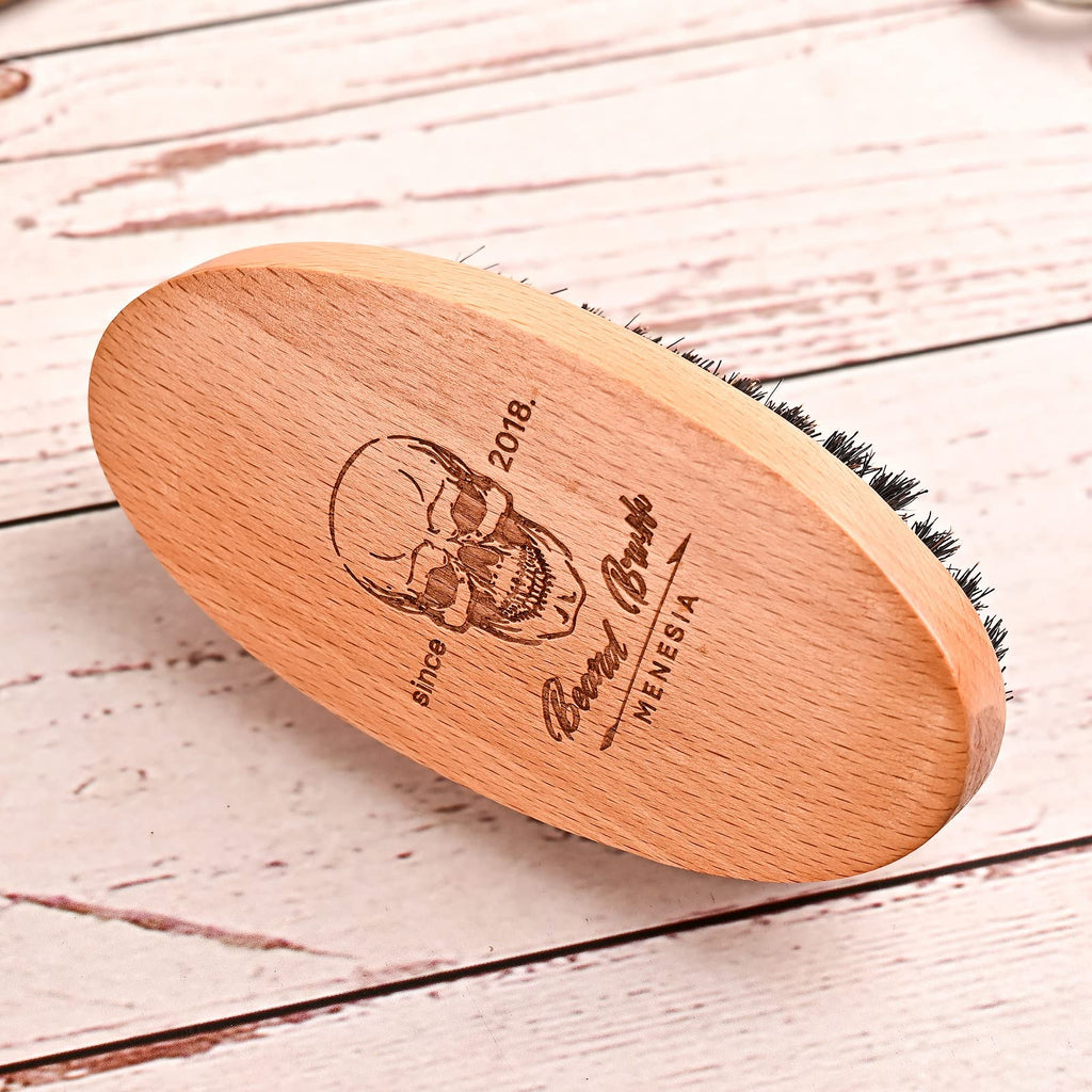 Menesia Boar Bristle Hair Beard Brush for Men, Pocket Travel Men's Wooden Small Soft Beard Brush (Skull)
