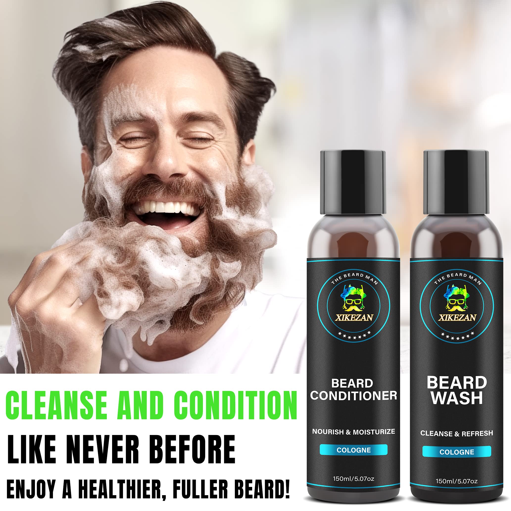 XIKEZAN Beard Wash & Beard Conditioner Natural Softener Set w/Argan & Jojoba Oils Smooths & Strengthens Christmas Stocking Stuffers Father Day Gifts for Men Him Dad Boyfriend Husband