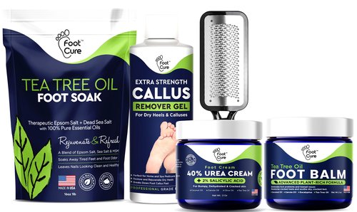 Foot Cure Foot Care/Exfoliator & Callus Remover Pedicure Set – Includes Foot File for Dead Skin, Tea Tree Oil Foot Soak Salts, Urea Cream 40 Percent & Foot Callus Removal Gel & Tea Tree Oil Foot Balm