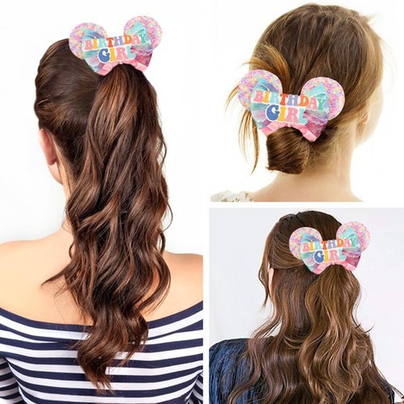 Mouse ear scrunchies with glitter sequin ears for women girls, princess hair accessories for women, mini mouse ears bows hair bows for women girls (birthday pink)