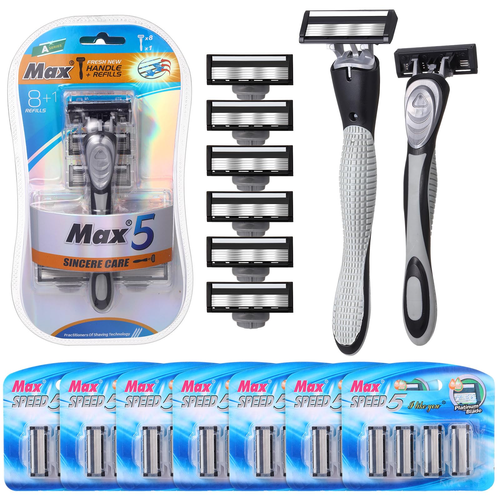 Wovnet 37 Pcs Refillable 5 Blade Disposable Razors for Men Sensitive Skin Razor Men's Disposable Refillable Razors Set Shaving Kit, 1 Razor Handle and 36 Cartridges