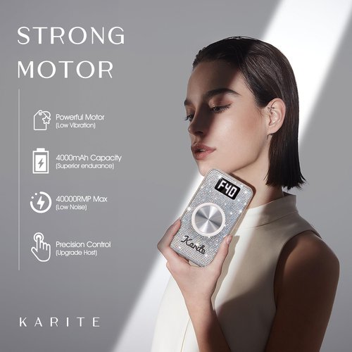 Karite Professional Nail Drill - 4000mAh Battery, 40000 RPM, Upgraded Motor with Low Vibration and Noise, Adjustable Speed and Direction - Perfect Electric Nail Drill for Salons and at-Home Use