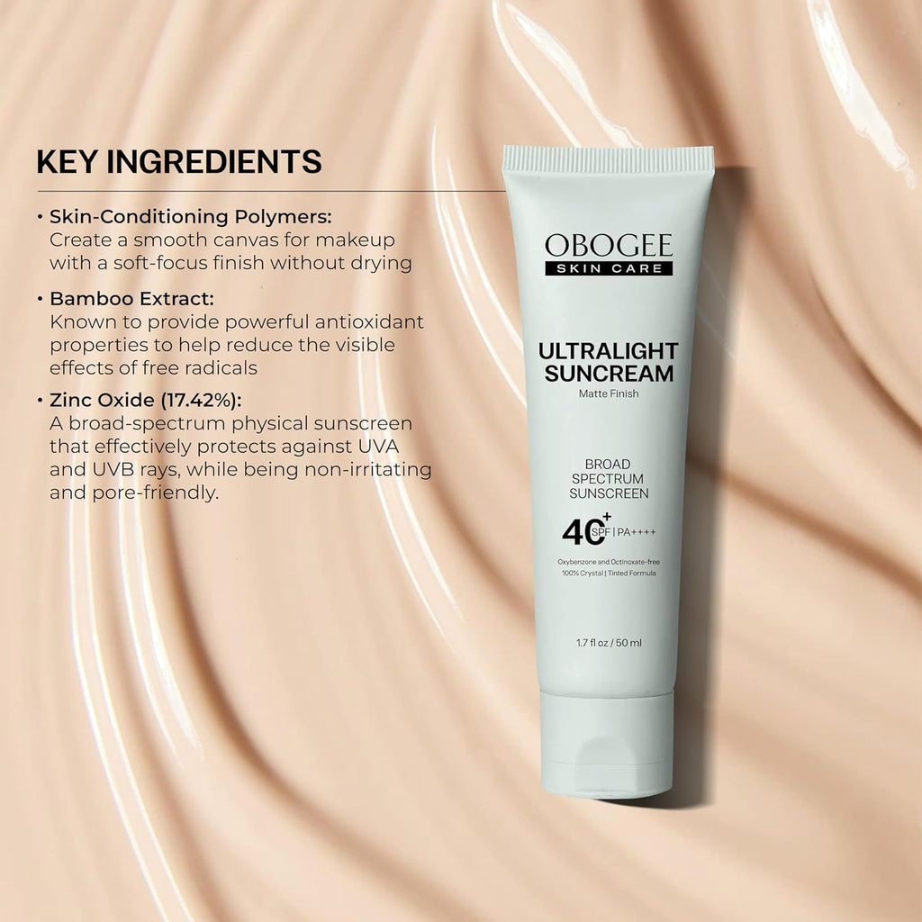 Ultralight SunCream SPF 40 - 50 mL Mineral Oil-Free Sunscreen | Smooths Skin, Minimizes Pores, Water & Sweat Resistant