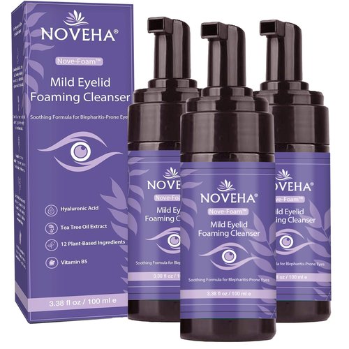 NOVEHA Lavender and Tea Tree Oil Eyelid Foaming Cleanser | Hydrating Hypoallergenic Daily Soap For Eyelashes and Lids, For Demodex, MGD, Stye Eye, Eye Irritations & Dry Skin | 3.38 fl oz (3PK - 100ml)