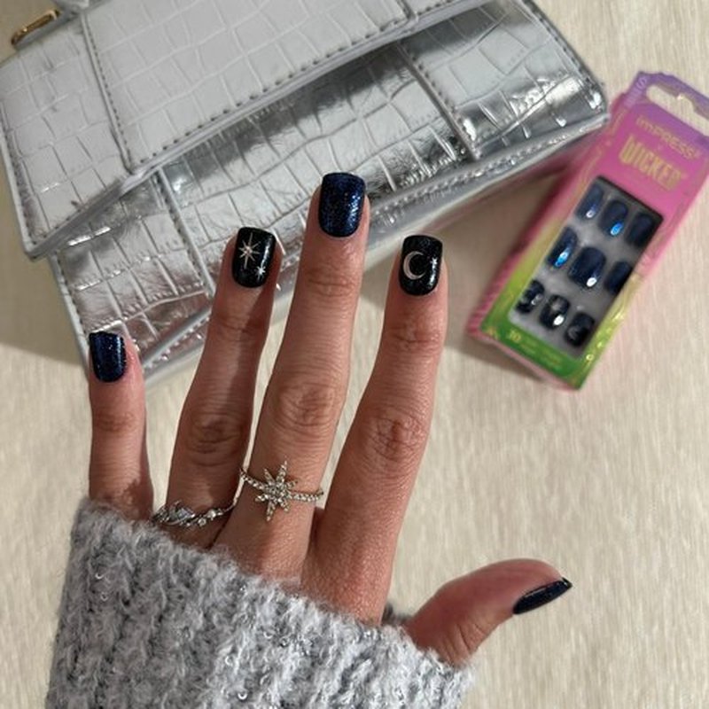 imPRESS X WICKED: FOR GOOD Press On Nails, ‘Know Your Power’, Blue, Short Squoval, New Improved Adhesive, Up To 10 Day Hold, Includes 30 Fake Nails, 1 Prep Pad, 1 Manicure Stick, 1 Mini File