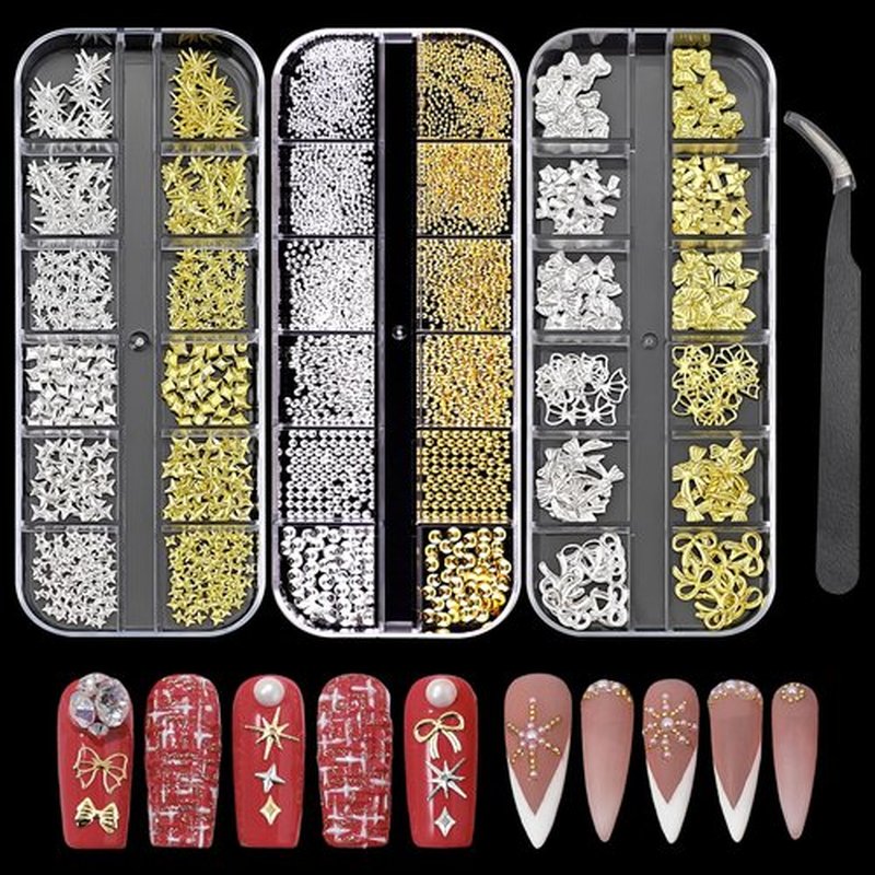 3D Metal Punk Nail Studs, Gold Silver Star Bows Nail Art Charms, Alloy Manicure Decoration DIY Charms for Nail Art Decoration Accessories (Gold + Silver F)
