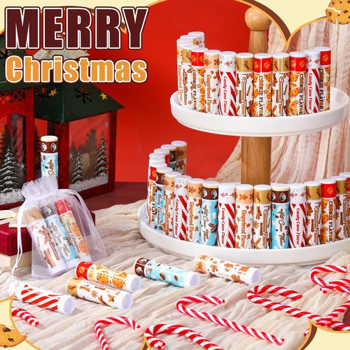 Siifert 50pcs Christmas Peppermint Candy Flavor Lip Balms Gift Bulk Candy Gingerbread Hot Cocoa Cookie Cinnamon Flavor Lip Balm Christmas Party Gift Stocking Stuffer for Coworker Staff Employee (Cute)