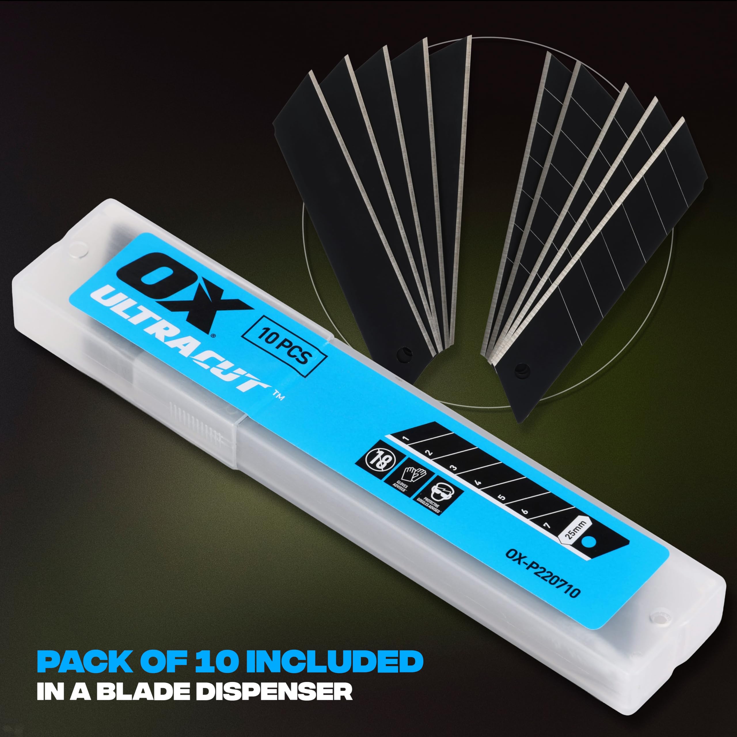 OX Pro 25mm Snap-Off Utility Blades SK5 Steel, 10 Pack - Heavy-Duty Box Cutter Refill with 7 Segments for Clean Cuts