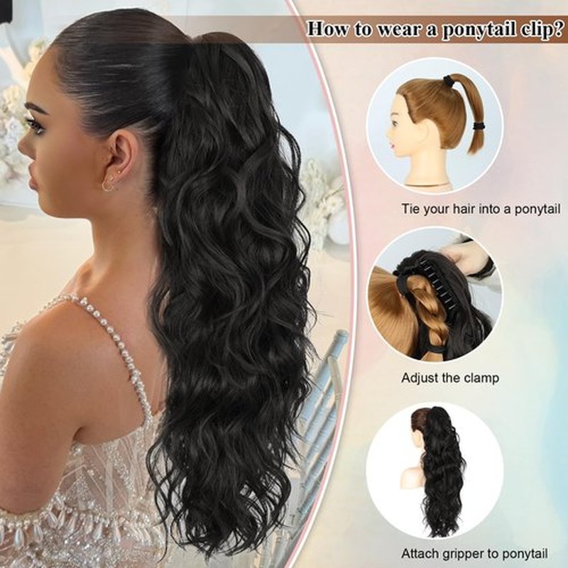LRSICAL Ponytail Extension, Claw Clip Ponytail Extension Long Wave Black Ponytail Extensions for Women Fluffy Natural Synthetic 26 Inch Hairpiece for Daily Use