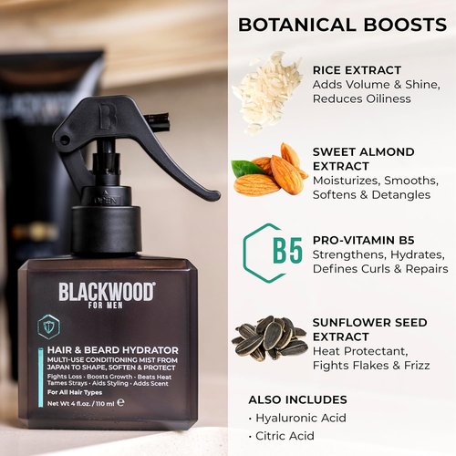 Blackwood For Men Hair & Beard Hydrator Spray - Natural Leave-In Conditioner for Moisturizing & Detangling - Ideal for Beard Growth - Vegan Grooming Essential (4 oz)