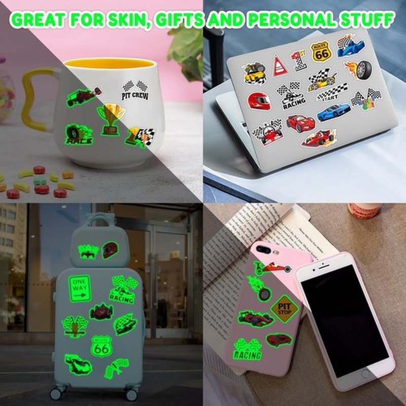96 PCS Race Car Glow In The Dark Pre-Cut Temporary Tattoos Sticker Racing Checkered Flag Birthday Party Decorations Favors Supplies Gifts Boys Girls Cute Fake Tattoo School Prizes Theme (Luminous)