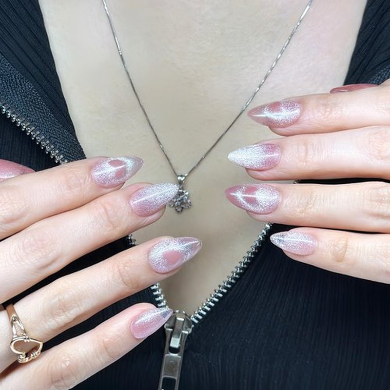 Sunruby Press On Nails Short Almond Cat Eye Jelly Pink|The Heart will Sparkle as You Move.Reusable Soft Gel Nails in 15 Sizes -30 Nail Kit with Glue|Designed in L.A, Handmade in Vietnam| Whisper Heart