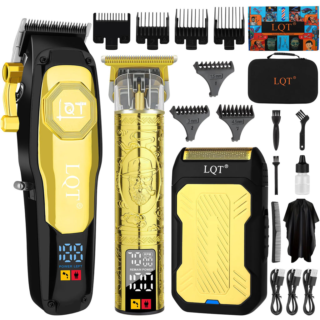 LQT Professional Cordless Hair Clippers for Men, Rechargeable Barber Clipper and Beard Trimmer Set with T-Blade, Adjustable Lever, LED Display,Haircut Trimmer Kit for Home & Barbers,Gold,Gift for Men