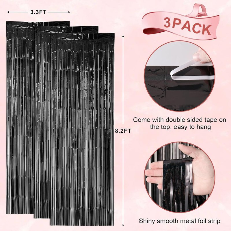 Voircoloria Laser Black Foil Fringe Backdrop Curtains - 3 Pack Tinsel Streamers for Parties & Events | 3.3 x 8.2 ft