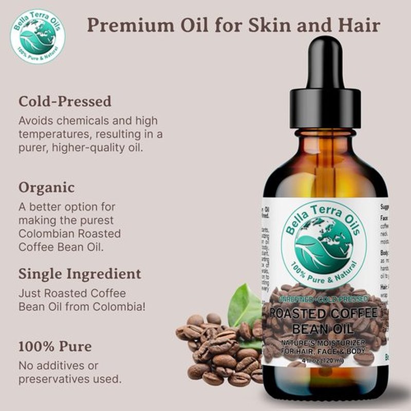 Bella Terra Oils - Roasted Coffee Bean Oil 4 oz - Dive into The Heart of Coffee Extract, Boosted with Essential Fatty Acids, A Luxurious Experience