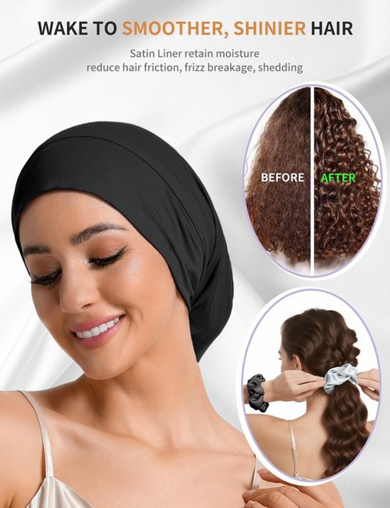 Satin Lined Bonnet for Sleeping Women Men - Adjustable Sleep Cap, Slouchy Beanie Hair Wrap for Curly Braid Locs, M Black,Gray
