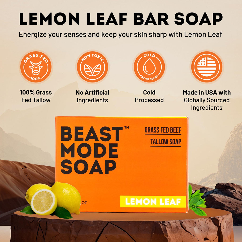 Beast Mode Soap for Men, Lemon Leaf, 4-Bar Pack – Natural Grass-Fed Tallow Bar Soap, Fresh Scent, Handcrafted, Non-Toxic