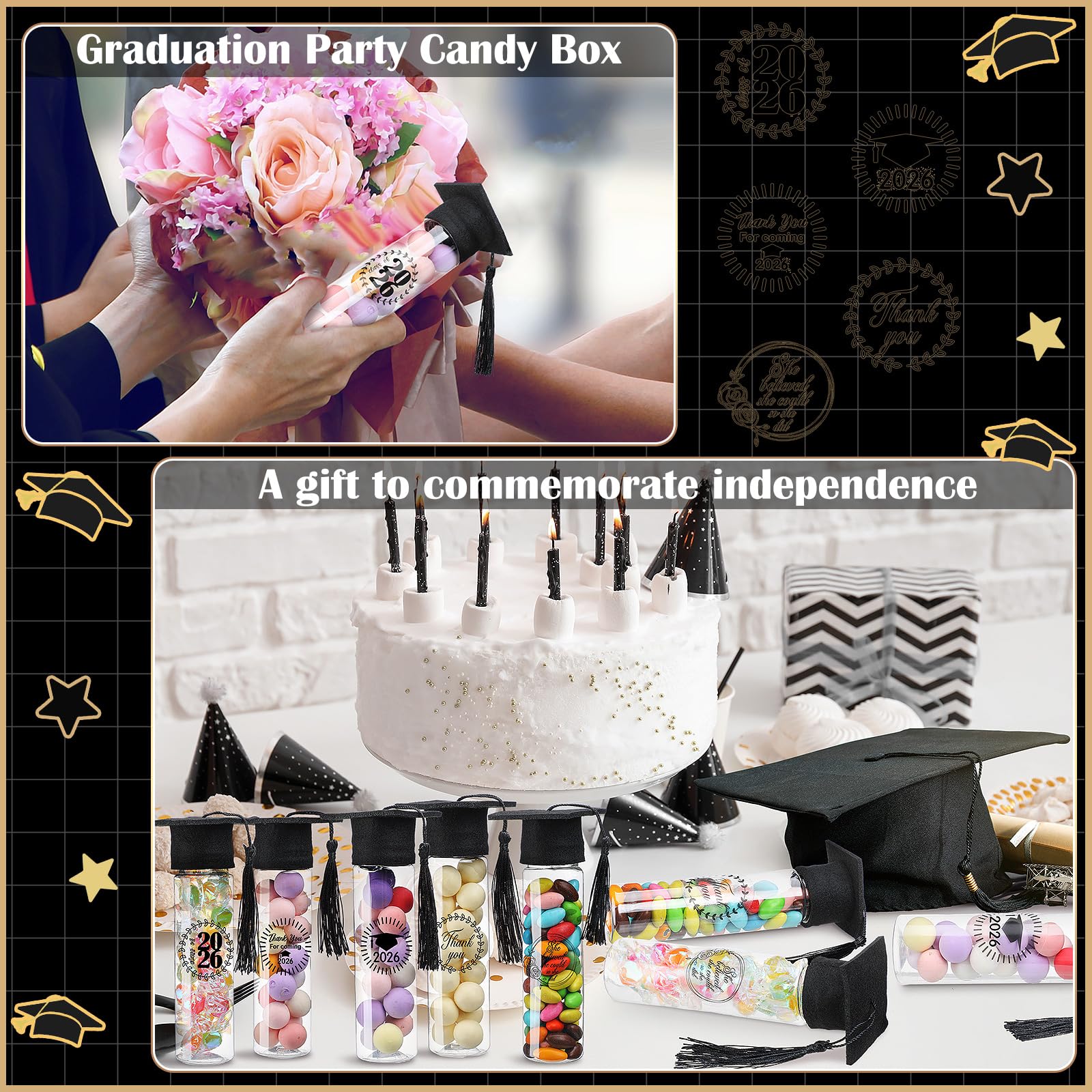 Teenyyou 25 Pcs Graduation Candy Tubes 2026 Graduation Party Favors Candy Boxes Plastic Grad Cap Jars Container with Tassels and Stickers for DIY Grad Table Party Favors (Black)