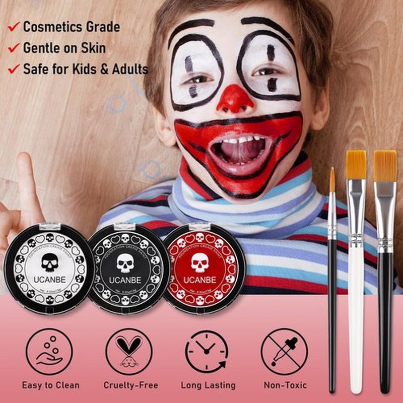 Goth White Foundation + Black Red Face Body Paint for Halloween Makeup, Face Painting Kit with Brushes Facepaint Set for Adults Clown Vampire Skull SFX Make Up Costume Cosplay Party Theater Stage