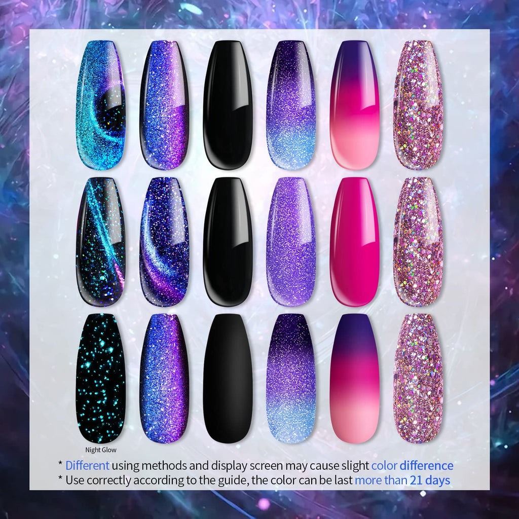 UR SUGAR Glitter Gel Nail Polish Set, 6 Colors Glitter 9D Cat Magnetic Eye Black Nail Polish Color Changing Gel Polish Kit Hot Pink Purple Gold Colors Soak Off Nails Kit Manicure Gift for Women