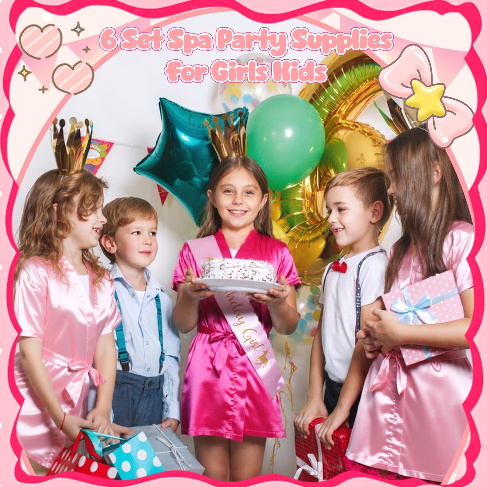 ZhouBoat 6 Set Girls Spa Party Supplies Kit 83 PCS Includes Satin Robes Headbands Slippers Nail Kit Masks Towel Brush Set for Birthday Sleepover Pink, Hot Pink Birthday Theme