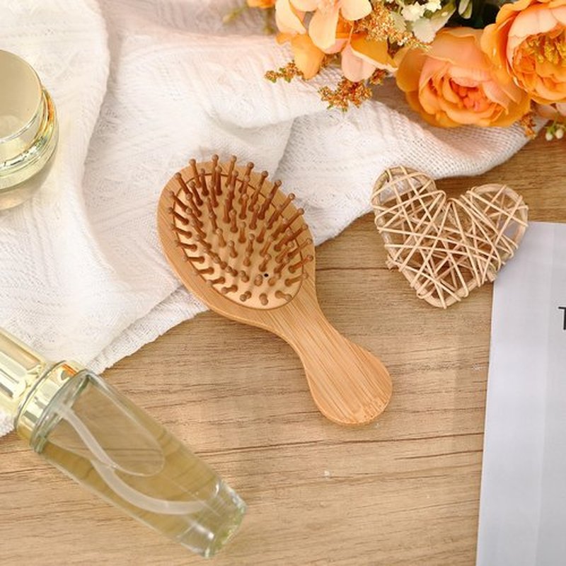 FoldTier 6 Pack Mini Bamboo Hair Brush Bulk Pocket Travel Small Hairbrush Massage Scalp Detangling Brush for Valentine Gifts Bulk Bridesmaid Party Favors (Oval)