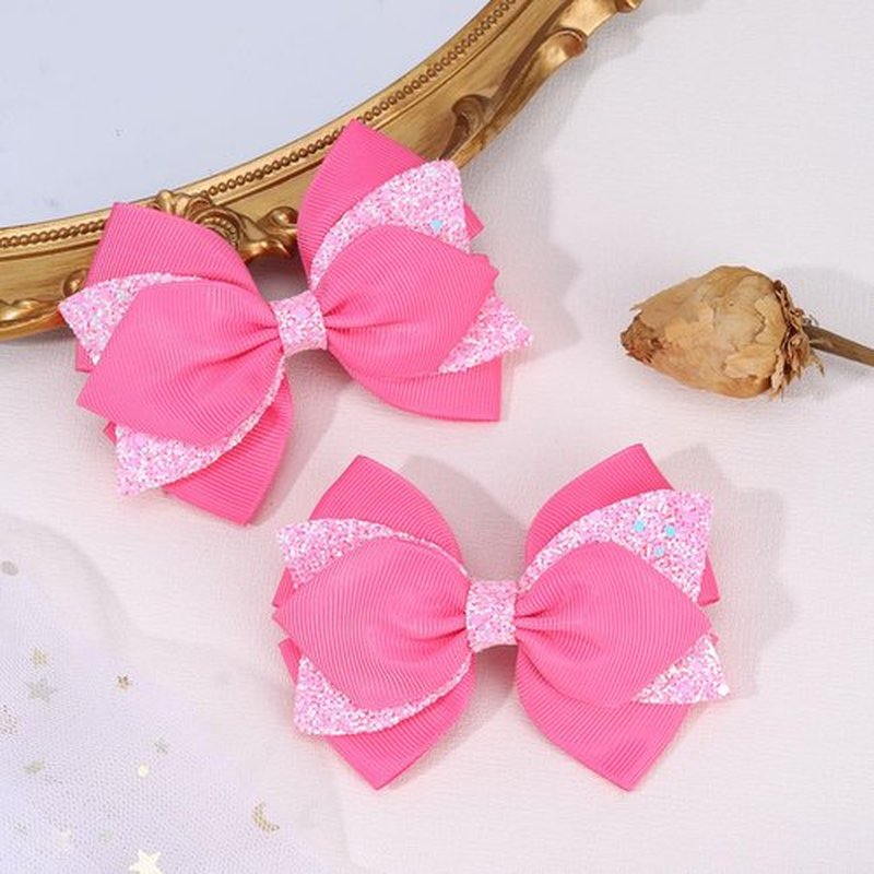 NCMAMA 4 Inch Sparkly Glitter Pink Hair Bow Clips for Girls Boutique Sequin Alligator Barrettes Pins for Teens Toddler Children Kids Grosgrain Hair Accessories for Christmas Halloween Fall Birthday