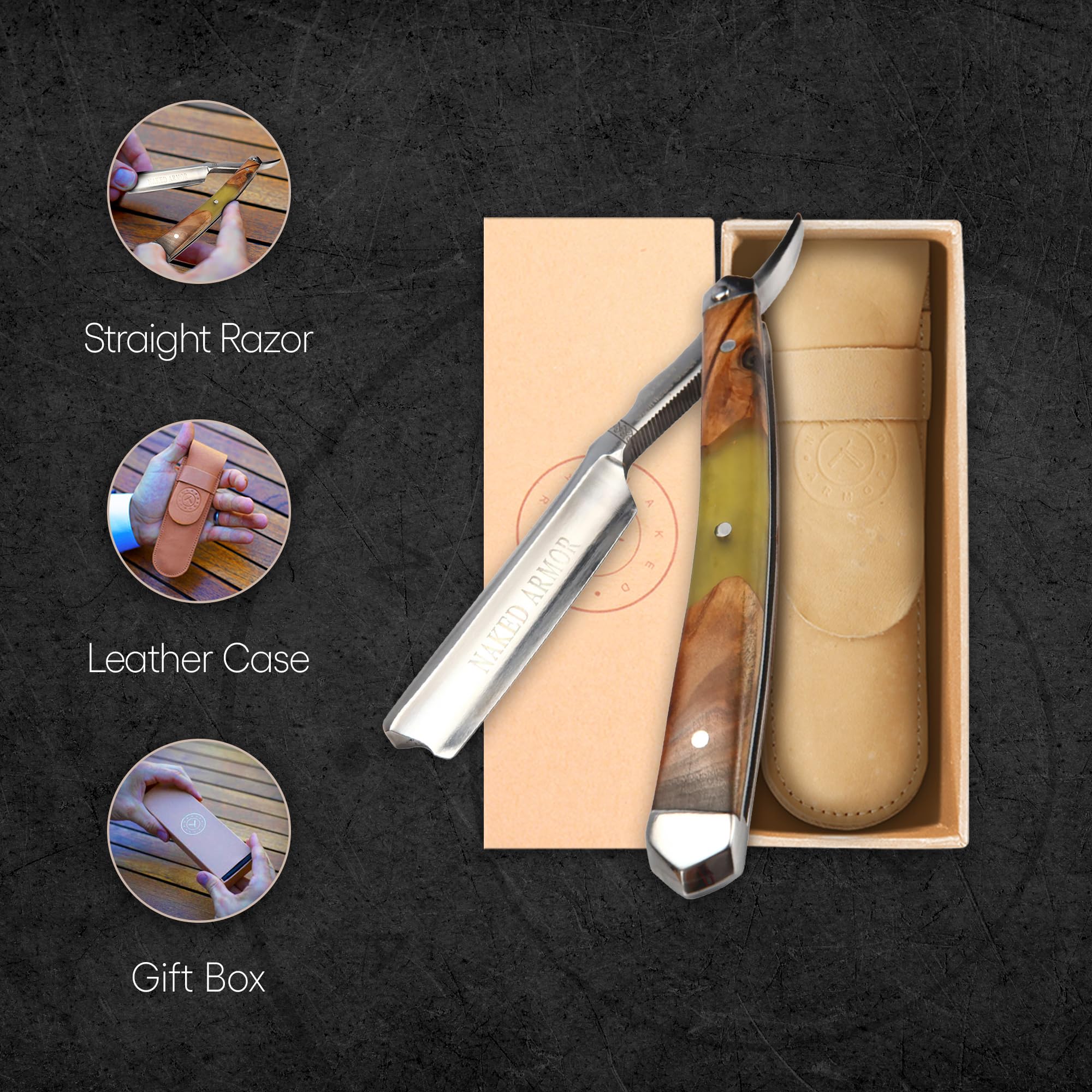 Naked Armor Professional Straight Razor for Men - Shave Ready 7/8" Japanese Stainless Steel Barber Razor - Griflet Straight Edge Razor with Sandalwood Handle, Leather Travel Case & Gift Box