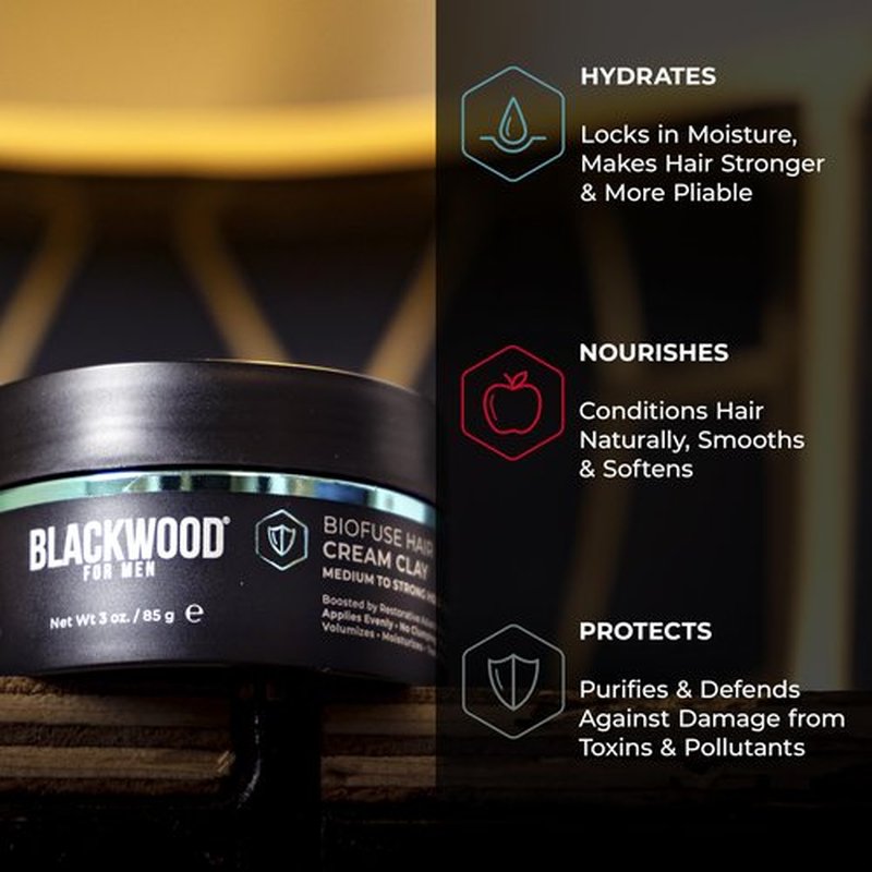 Blackwood For Men BioFuse Hair Cream Clay, Matte Finish Medium to Strong Hold Hair Styling Aid, Natural Hybrid that Texturizes, Moisturizes, Conditions, Adds Volume, Fights Frizz & Detangles, 3oz