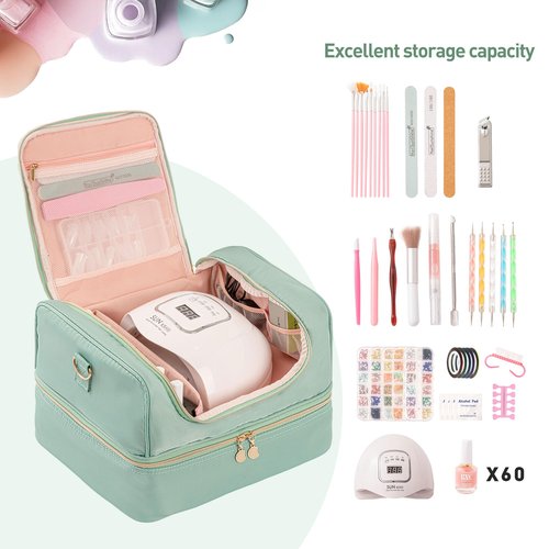 KGMCARE Nail Polish Organizer Case, Nail Supplies Storage Holds 60 Bottles Nail Polish & Nail Lamp Gel Nail Travel Carrying Bag for Nail Kit (Green)