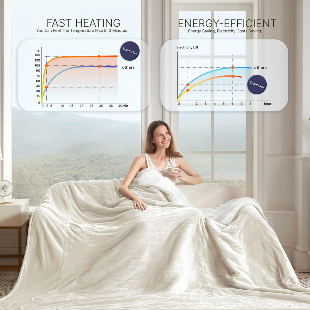 Thermylux Electric Blanket Full 72"x84" Heated Electric Blankets 10 Heating 12 Time Settings Levels 8 Hours Auto Off Fast Heating and Overheat Protection ETL Certified Machine Washable,Ivory