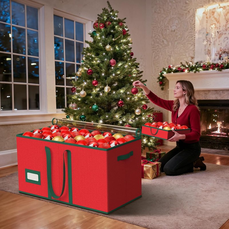 Christmas Ornament Storage Box - Store 128 Ornaments | Dual Zipper Closure & Adjustable Dividers