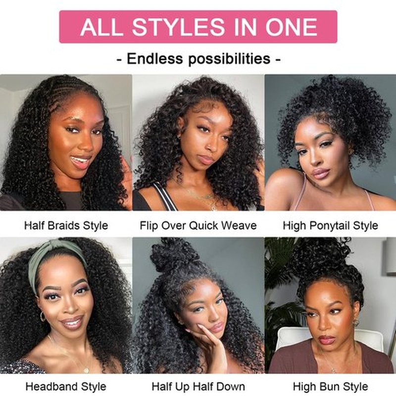 Curly Half Wig Human Hair 200% Density Wear and Go Glueless Human Hair Wigs 3 In 1 Drawstring Seamless Clip Ins Flip Over Half Wigs for Black Women Curly Headband Wig Beginner Friendly 18 Inch