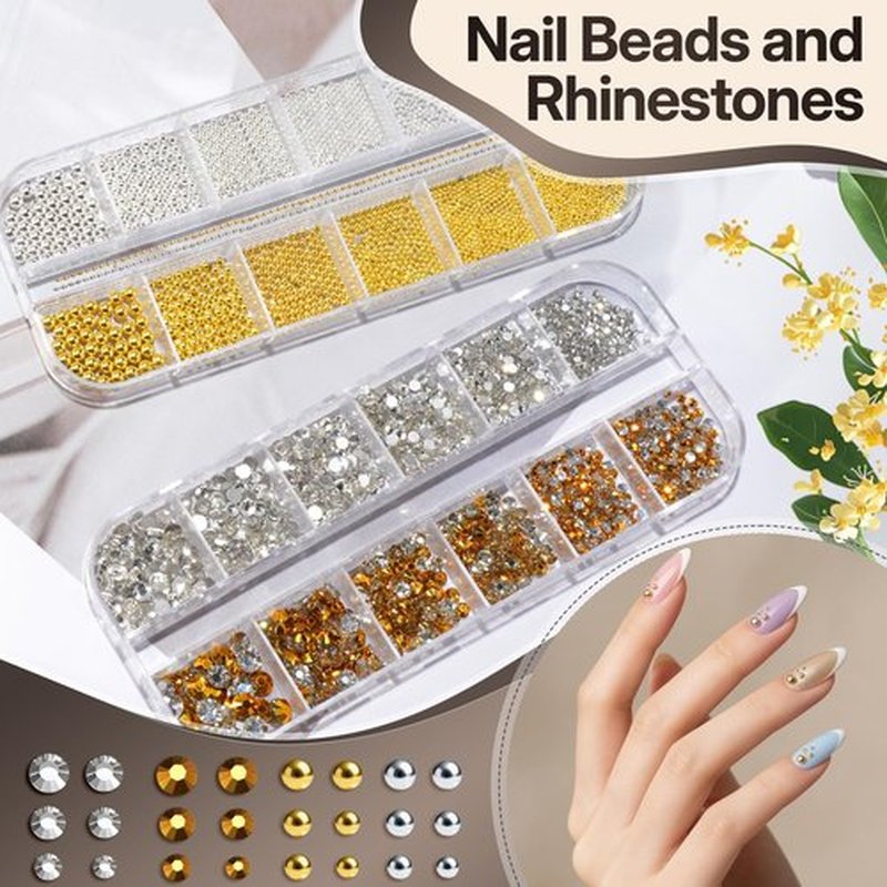TsMADDTs Nail Charms and Gems Kit, 4 Boxes Gold Nail Charms, Gems, Flat Black Rhinestones and Beads with Manicure Tools, 3D Cross Charm Professional Art Design Tool for DIY Manicure at Home, Salon