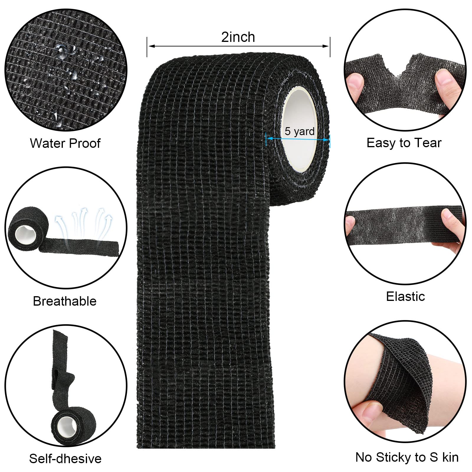 Treela 48 Pack Self Adhesive Wrap Bandage Bulk, 2 Inches x 5 Yards Self Adherent Cohesive Bandage Elastic Athletic Tape Breathable Wound Tape for Stretch Athletic Sports Wrist Ankle(Black)