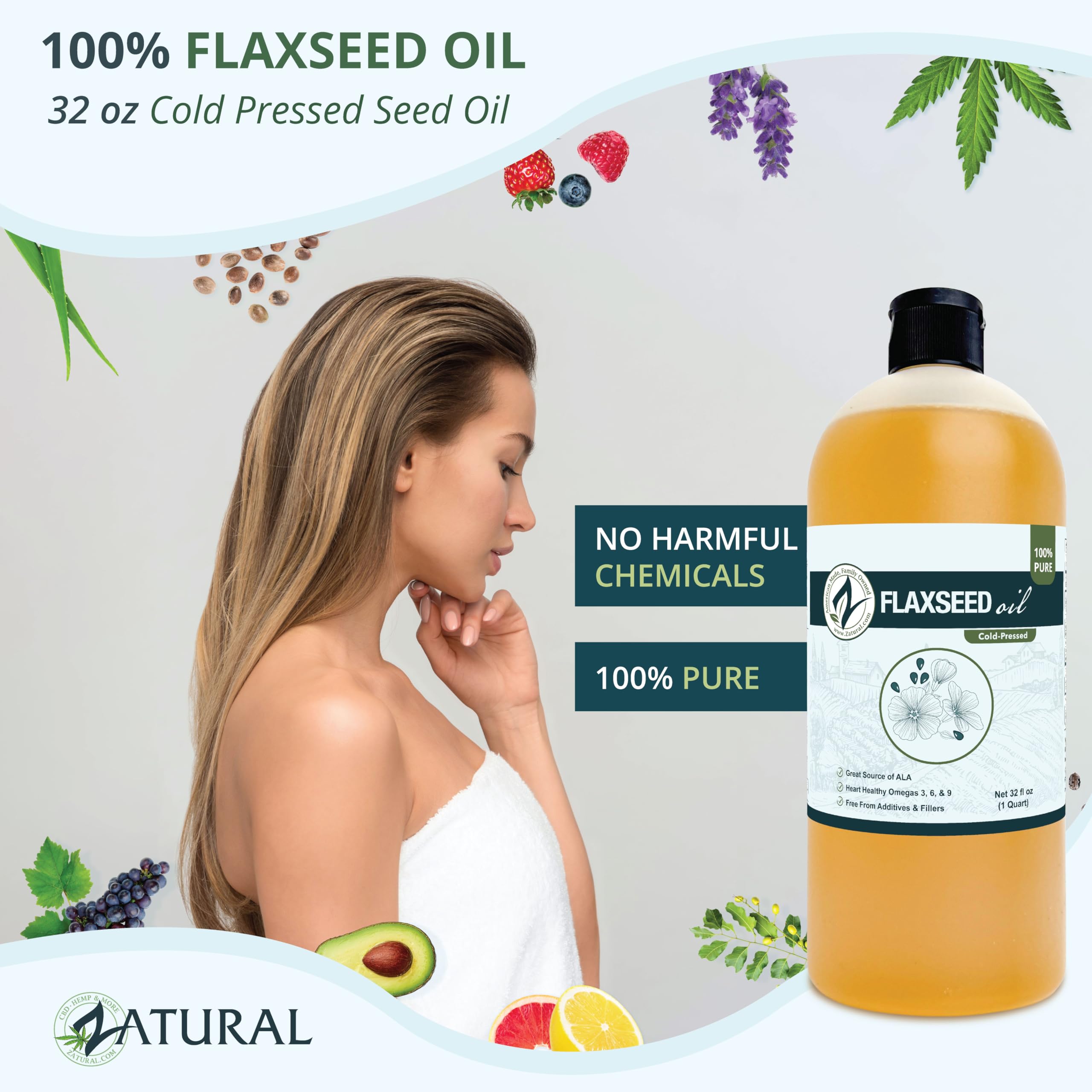 Zatural Cold Pressed Flaxseed Oil – 100% Pure Non-GMO Liquid Flax Seed Oil, Vegan Omega-3 ALA Rich, Perfect for Salads, Smoothies, Baking, Skincare & Hair (32 fl oz Bottle)
