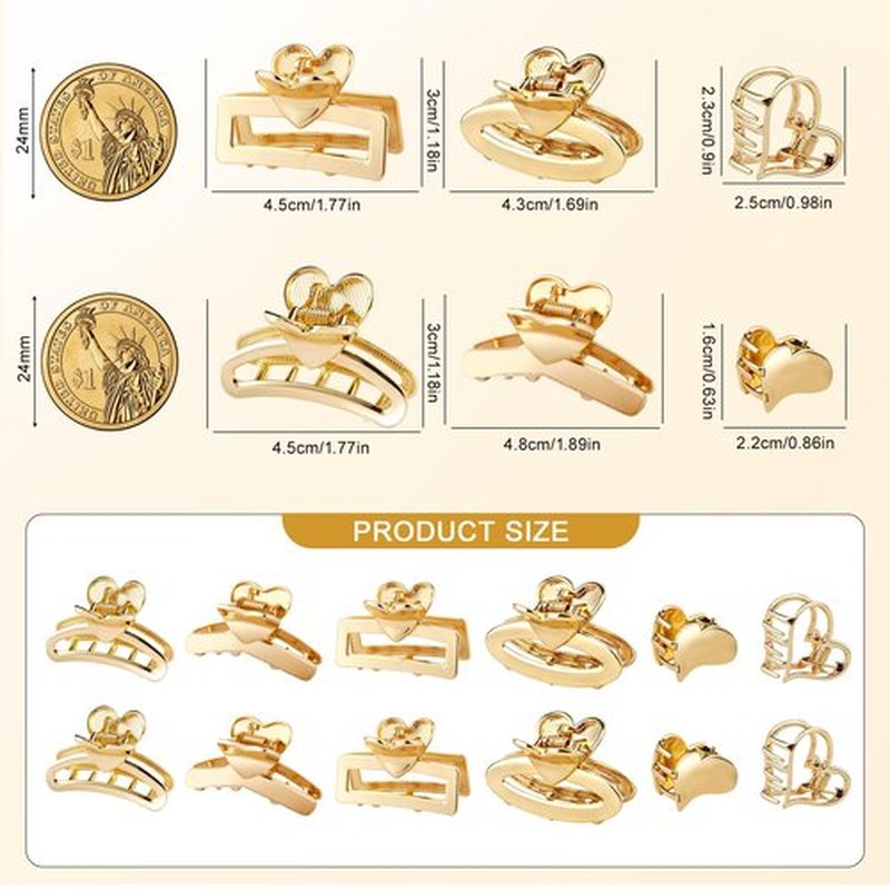 12Pcs Gold Small Hair Clips Metal Mini Heart Hair Claw Clips for Girls Cute Hair Clips for Women Thick Hair, Girls Teens Hair Accessories Mother's Day Gift