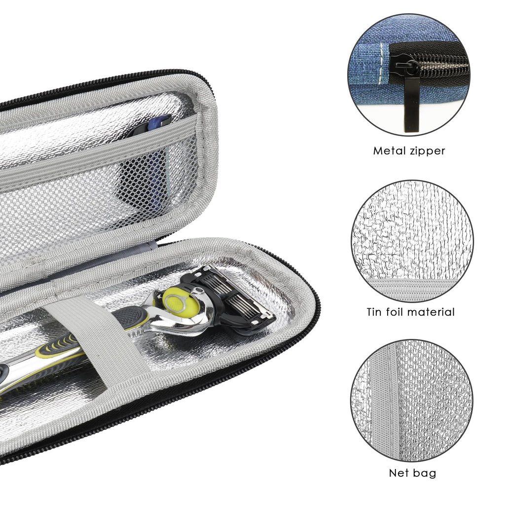 Linkidea Cartridge Razor Travel Case Compatible with Gillette Fusion 5, Mach 3, Hard Shell Shaving Razor Holder with Mesh Pocket, Portable Grooming Organizer (Blue)