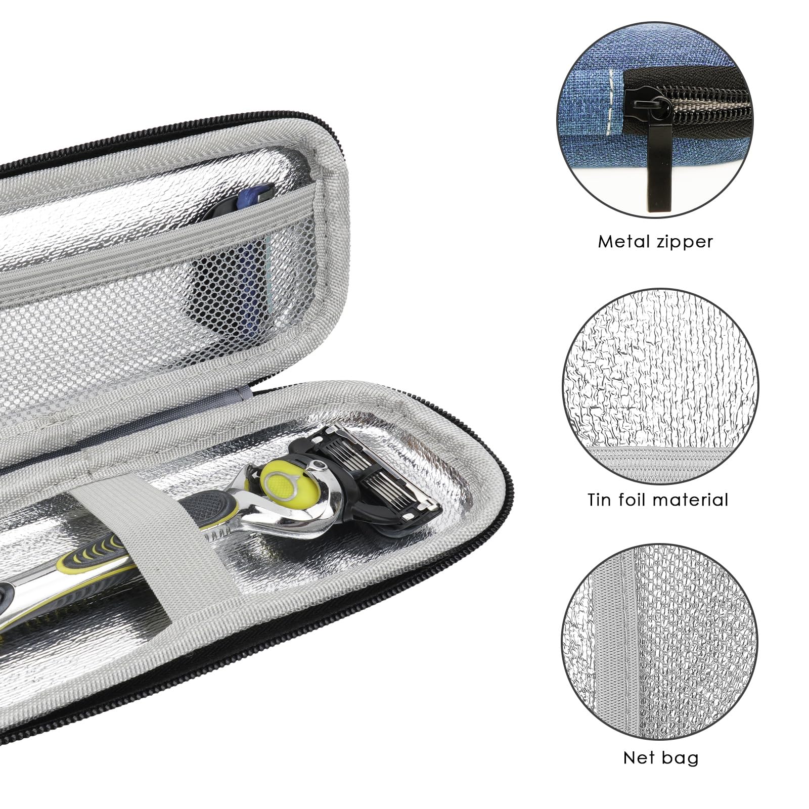 Linkidea Cartridge Razor Travel Case Compatible with Gillette Fusion 5, Mach 3, Hard Shell Shaving Razor Holder with Mesh Pocket, Portable Grooming Organizer (Blue)