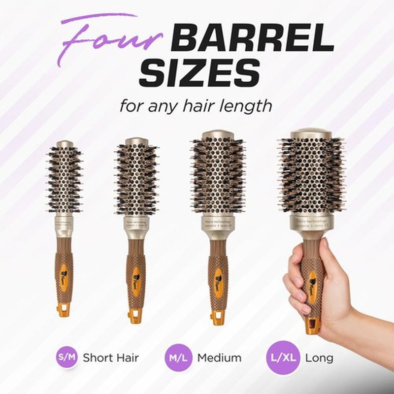 Fagaci Small Round Brush for Blow Drying with Natural Boar Bristle, Hair Styling, Drying, Healthy Hair and Add Volume, Ceramic Gold, Hair Brush + 4 Styling Clips