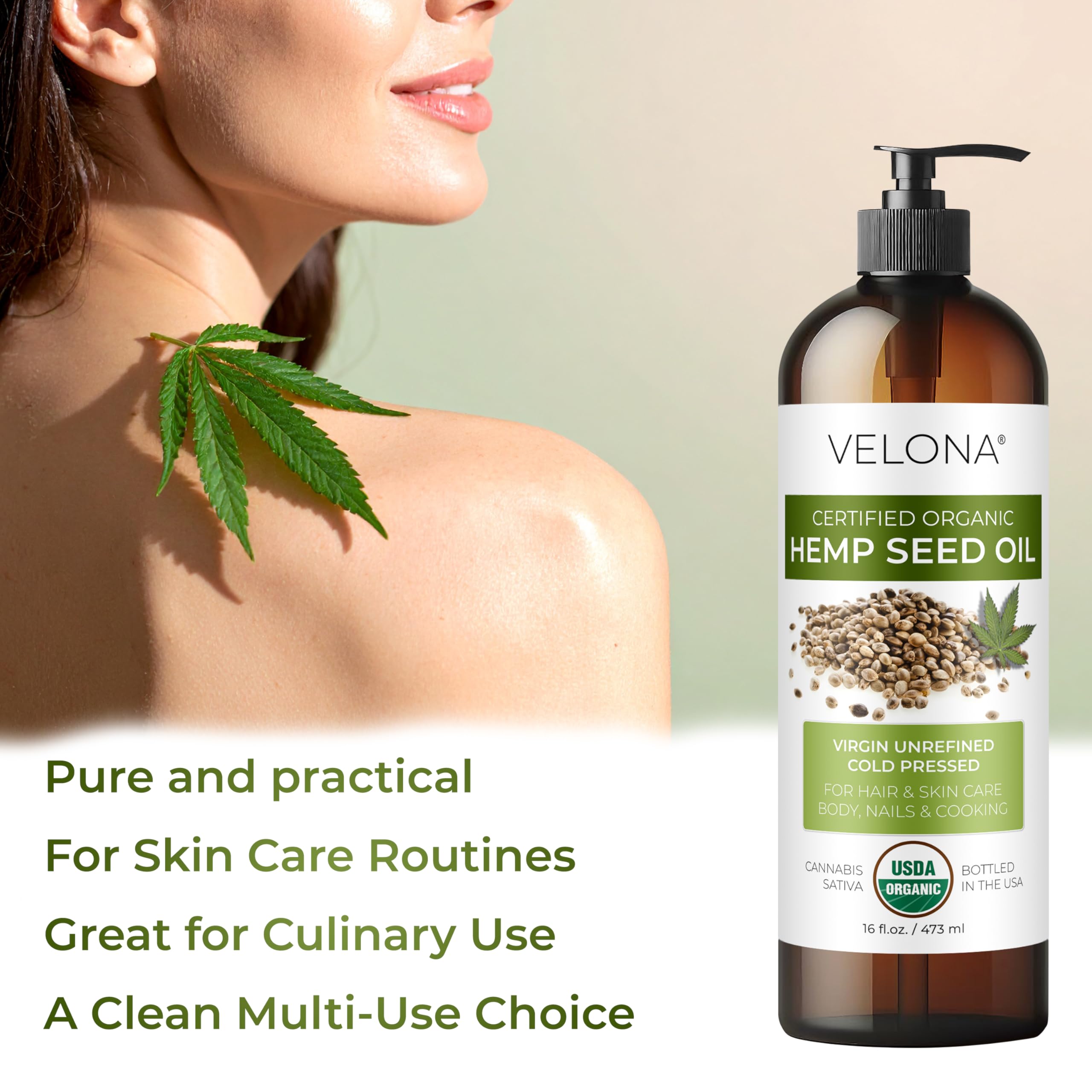 velona Hemp Seed Oil USDA Certified Organic - 64 Fl Oz | 100% Pure and Natural Carrier Oil | Unrefined, Cold Pressed | Hair, Body, Face & Skin Care