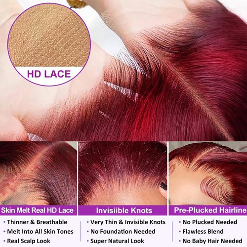 GUIGUZIN 13x6 99J Burgundy Red Lace Front Wigs Human Hair Burgundy Red Highlight Wig Human Hair Pre Plucked 200% Density Body Wave 99J Human Hair Wig Glueless Colored Wigs for Women 22 Inch