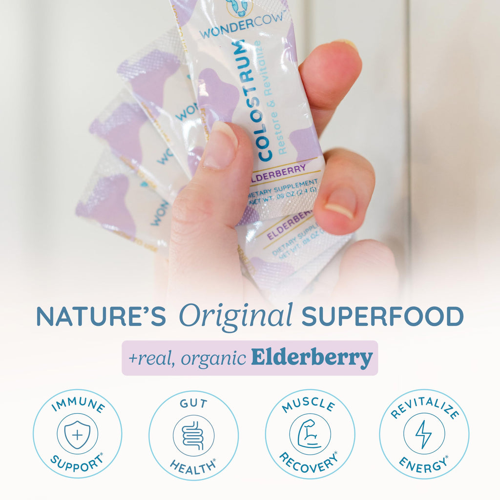 WONDERCOW Colostrum Supplement Powder for Gut Health, Immune Support & Wellness | Natural IgG Pure Whole Bovine Colostrum Superfood, Elderberry, 30 Servings