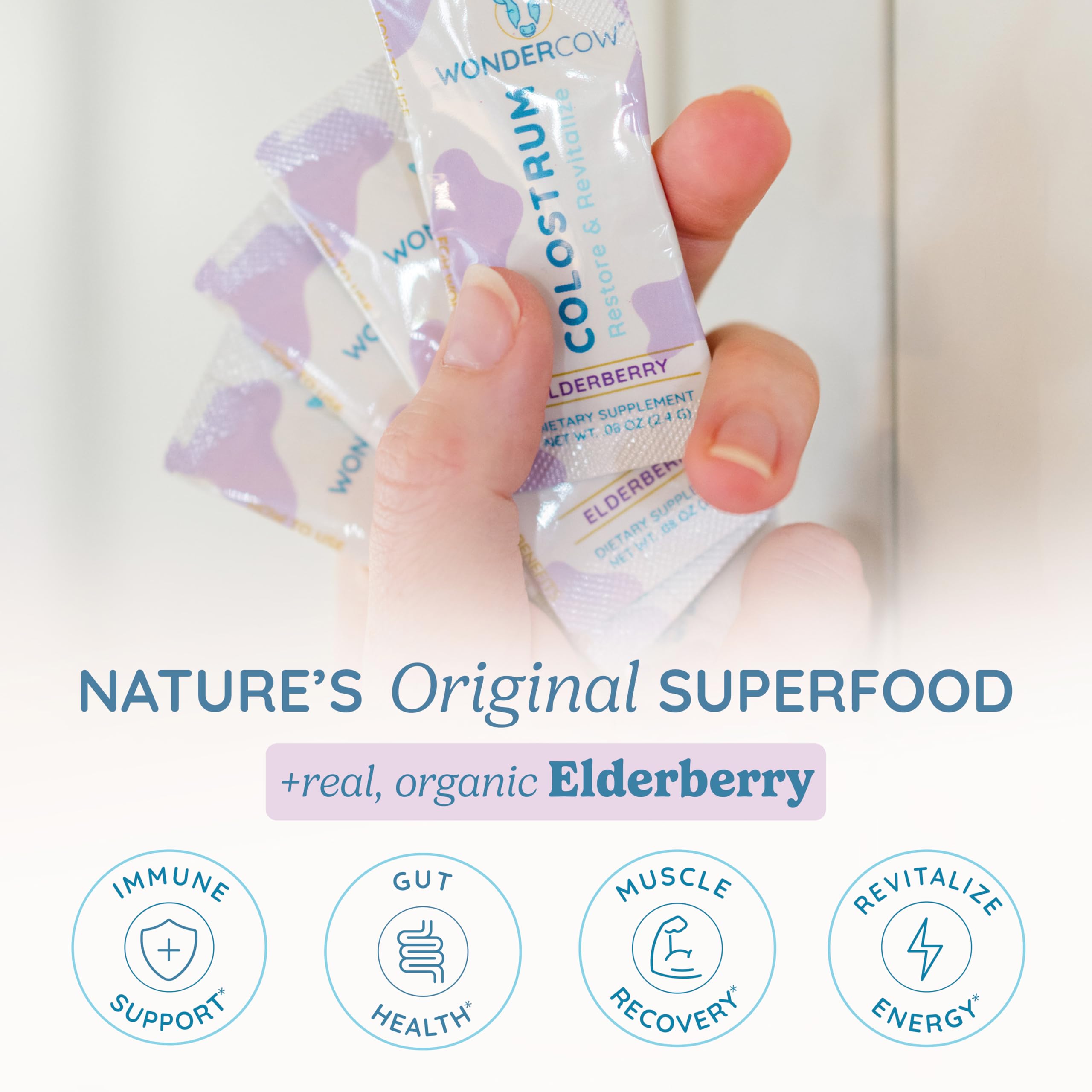 WONDERCOW Colostrum Supplement Powder for Gut Health, Immune Support & Wellness | Natural IgG Pure Whole Bovine Colostrum Superfood, Elderberry, 30 Servings